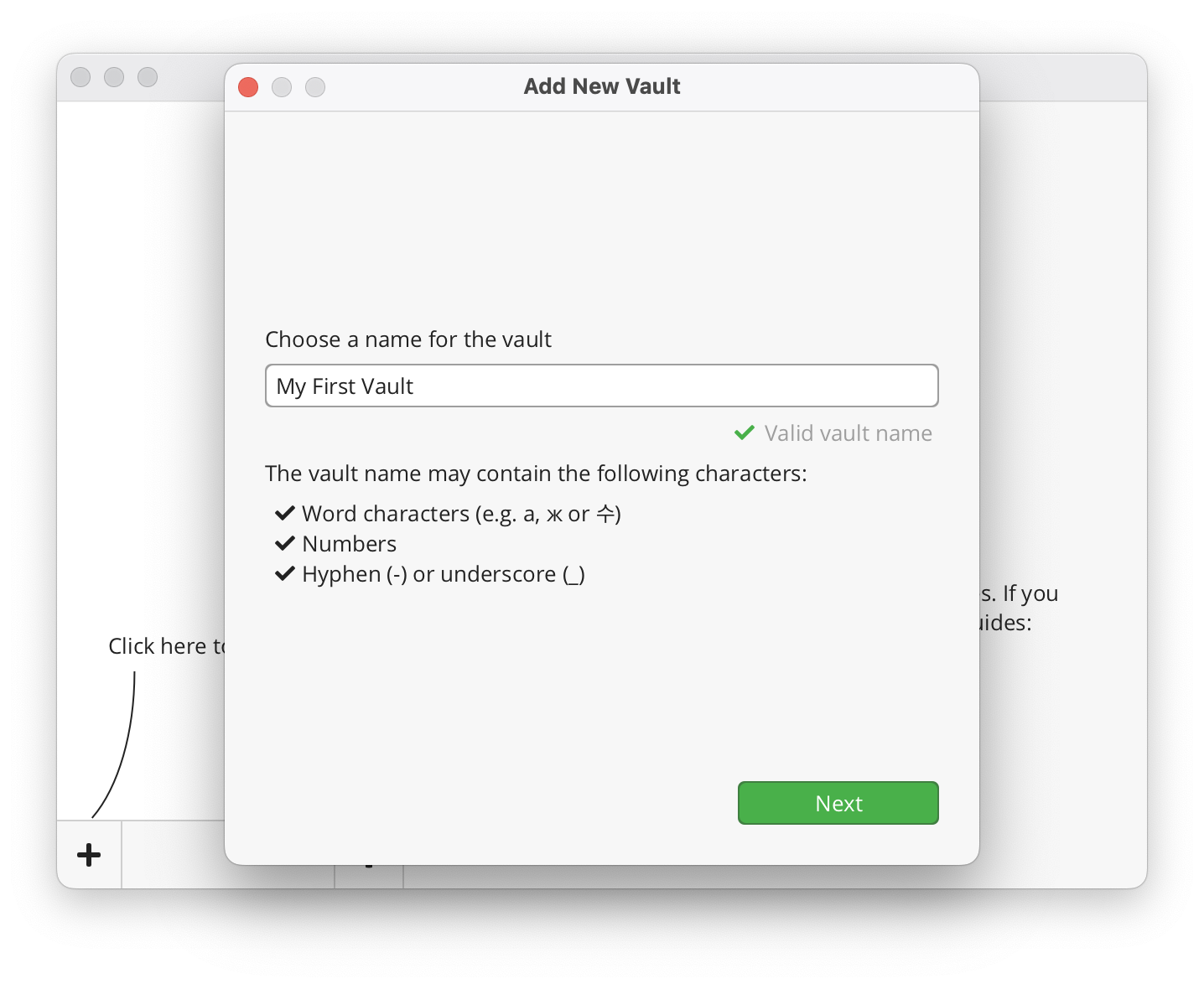 Choosing "My first Vault" as a vault name