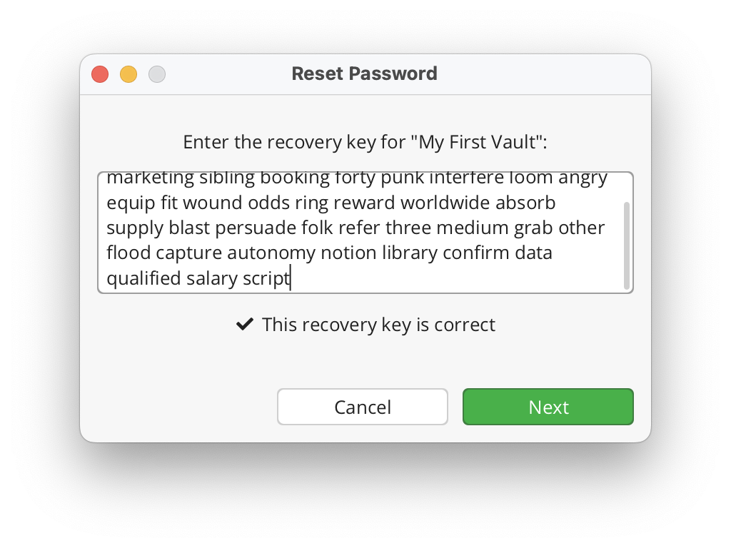 A valid recovery key has been entered