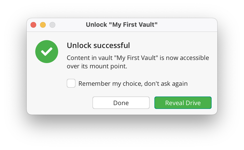 Vault unlock success dialog