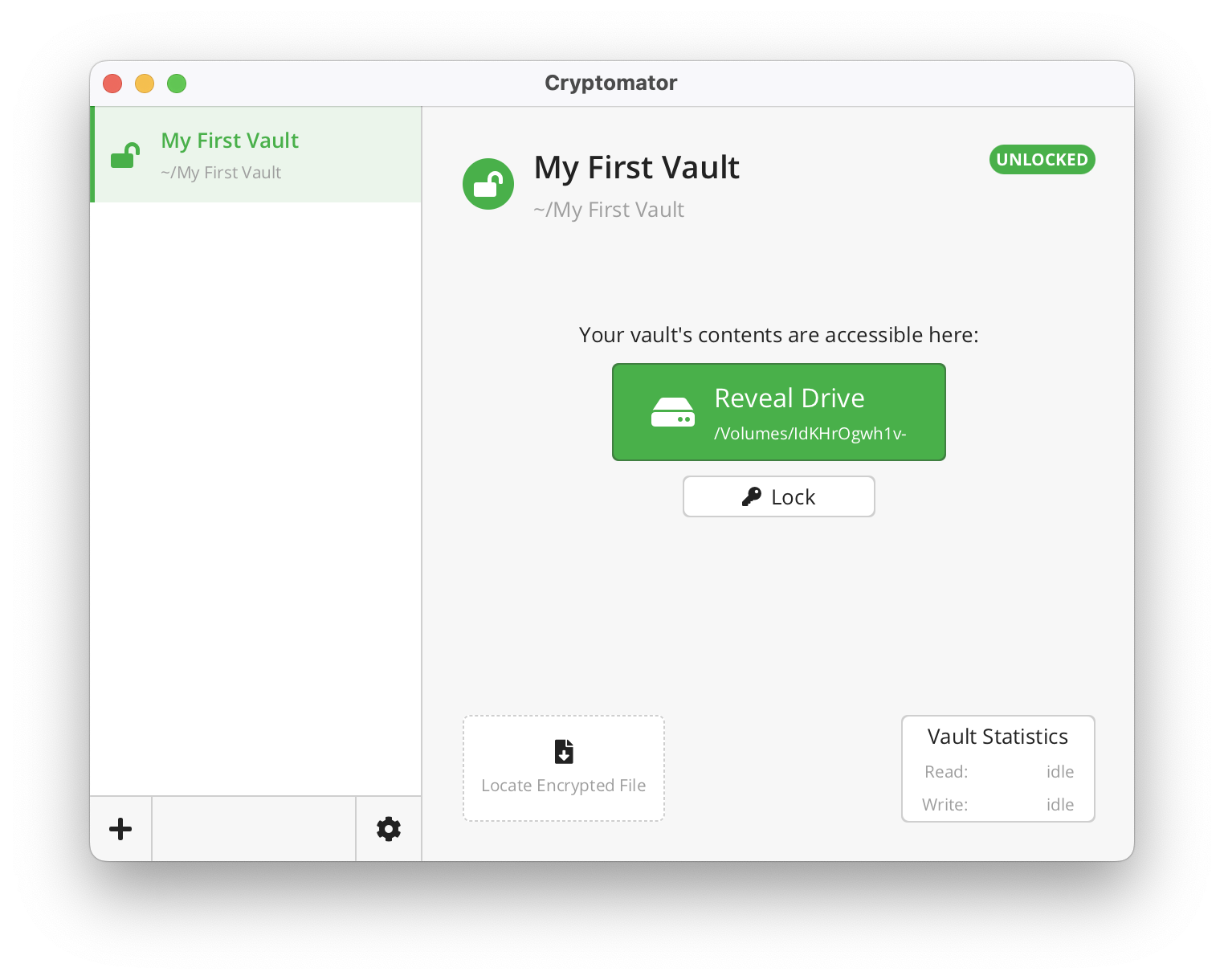 Cryptomator window showing an unlocked vault