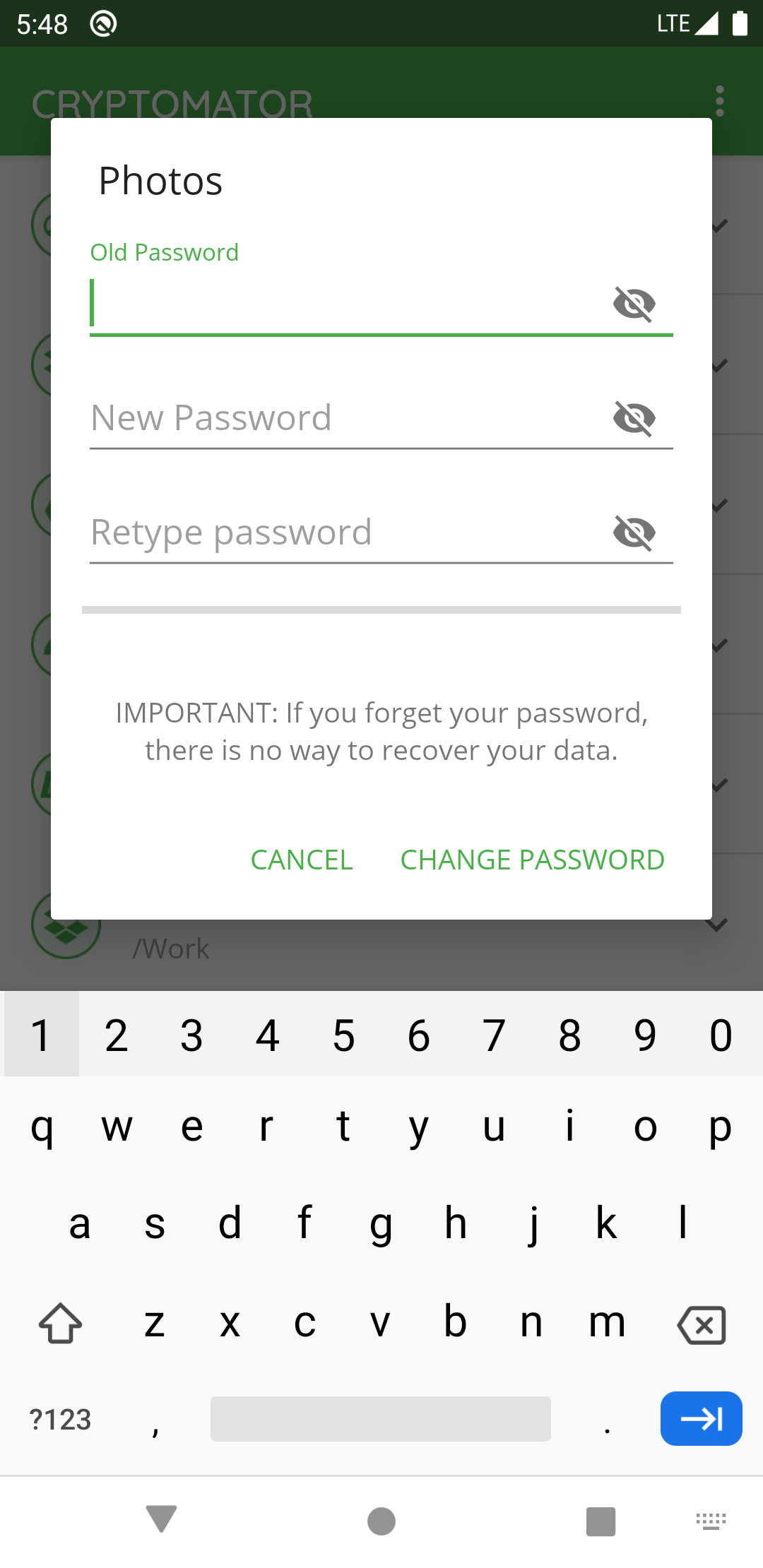 How to change a vault password with Android