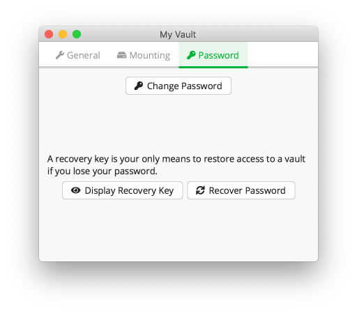 Vault options allowing you to enter a recovery key