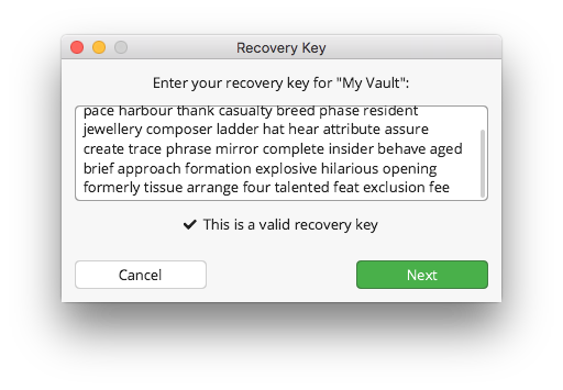A valid recovery key has been entered