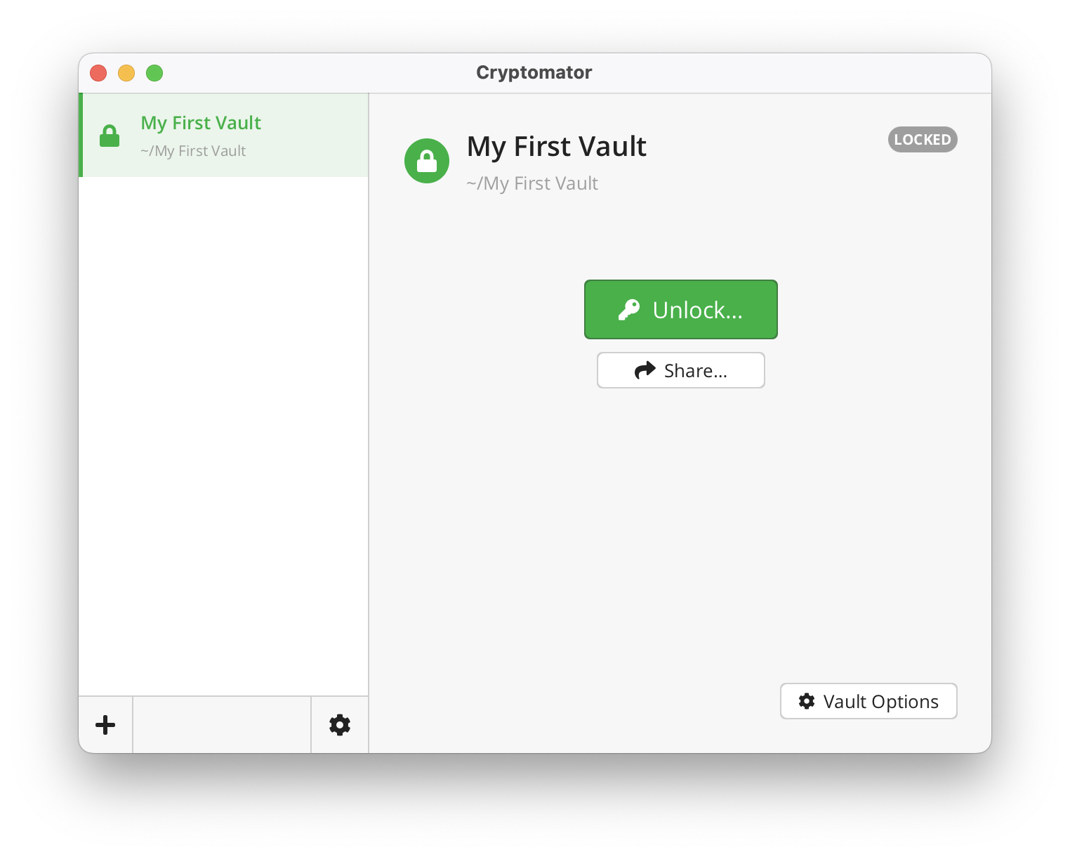 Cryptomator window showing a locked vault