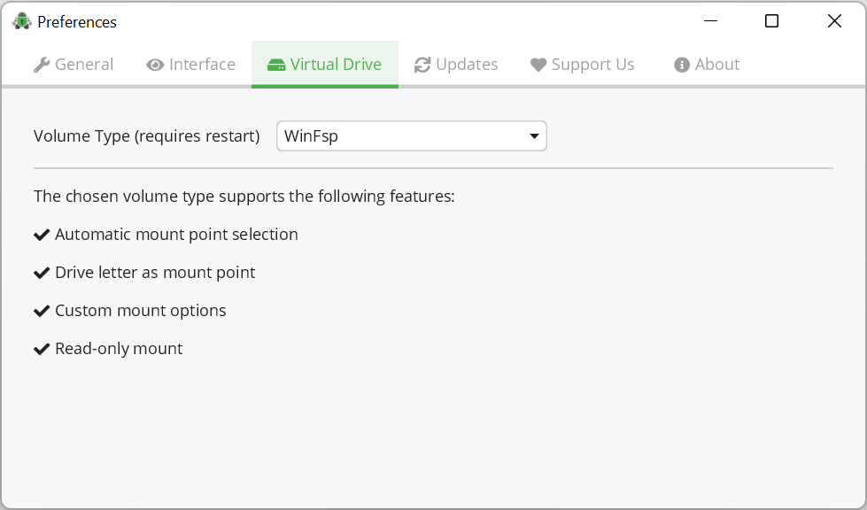 Virtual Drive Tab in Preferences