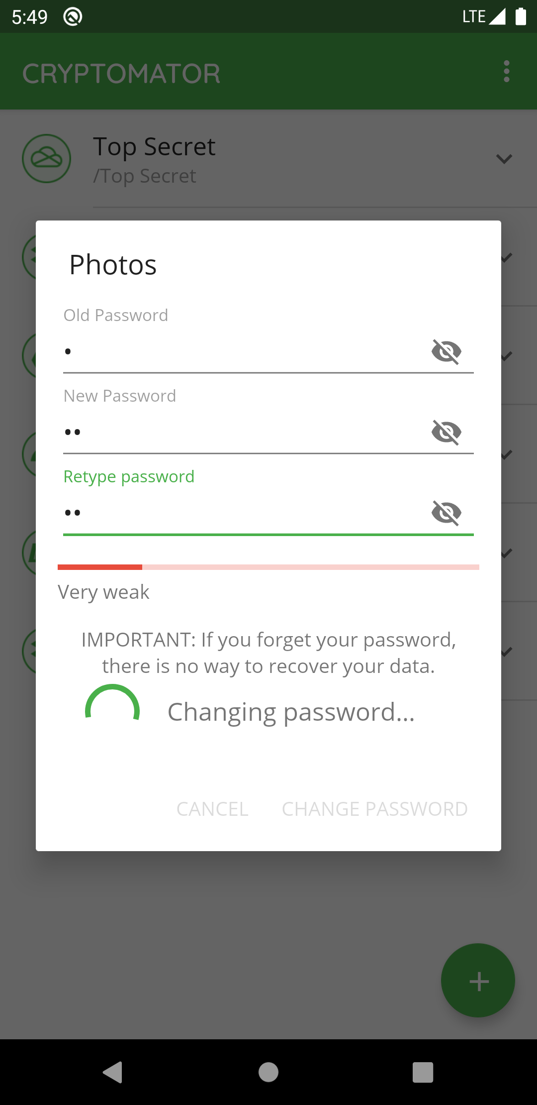 How to change a vault password with Android
