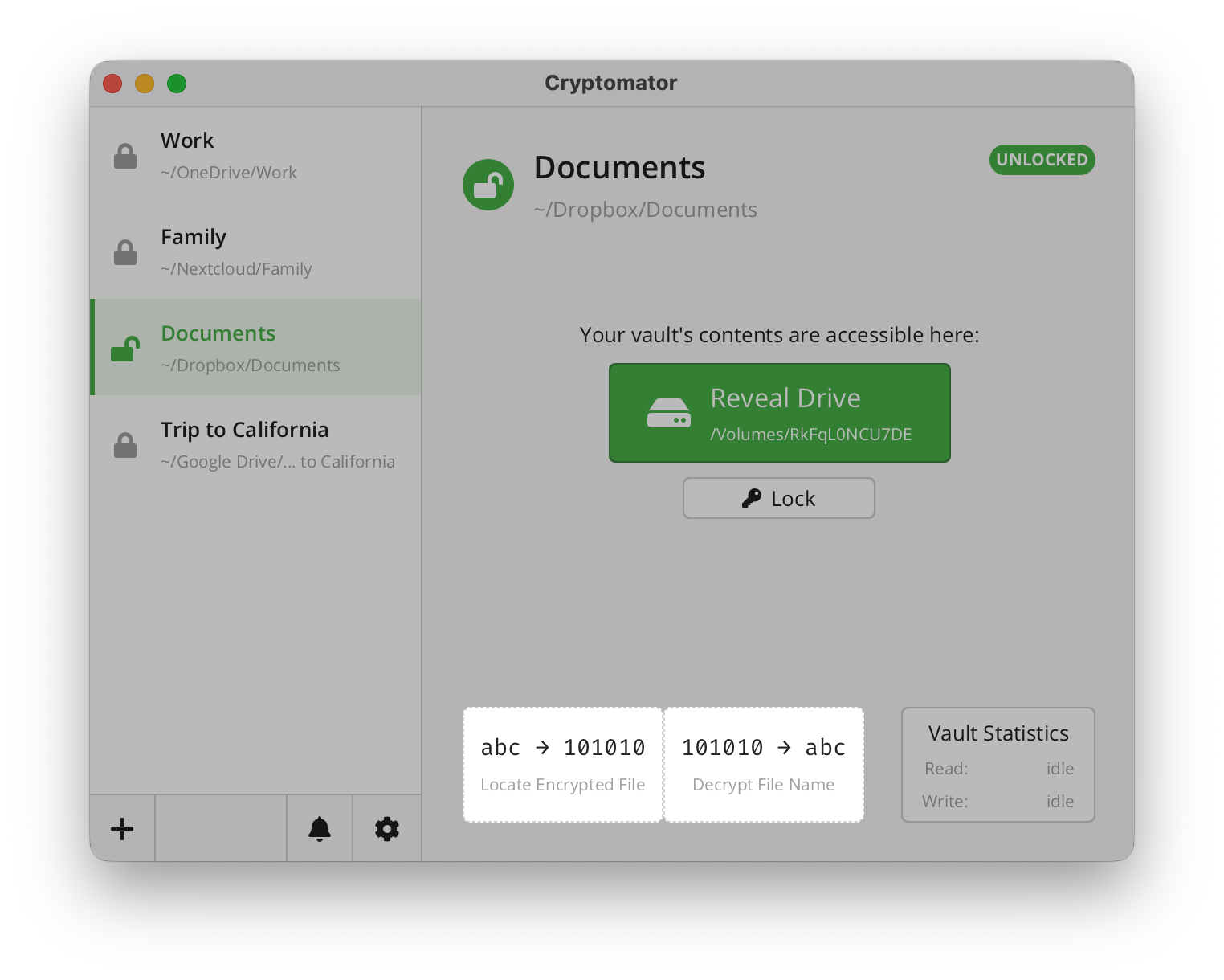 Vault detail view in the unlocked state