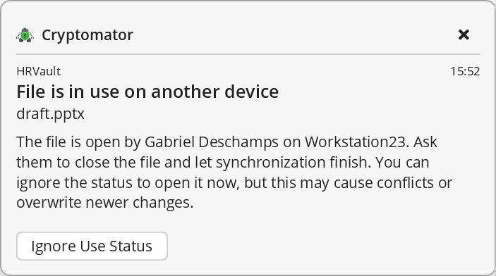 Cryptomator notification for a file currently in use