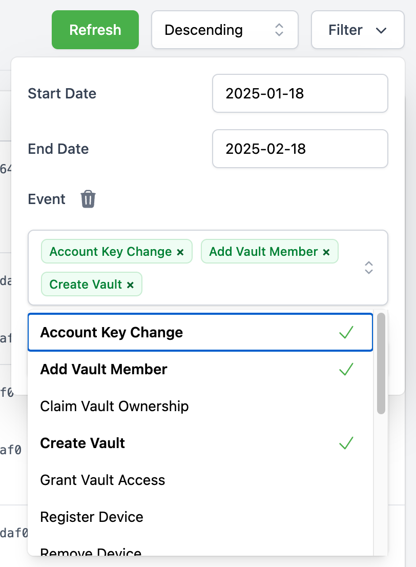 Audit Log Filtering Options