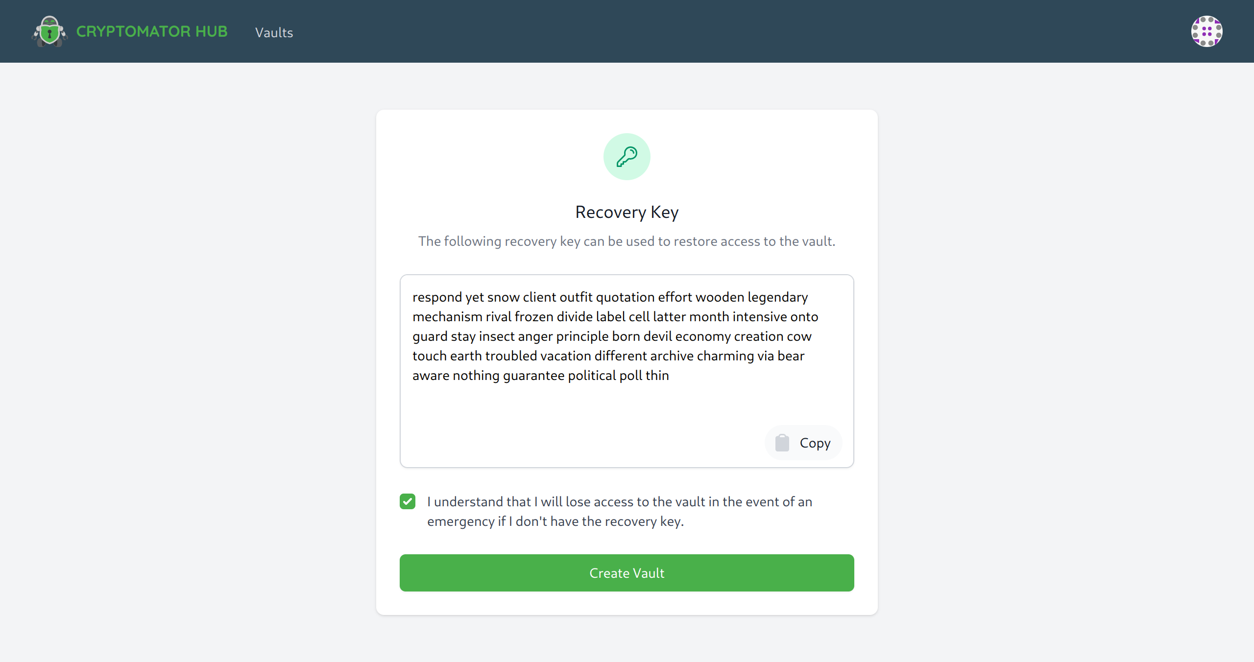 Save vault recoverykey