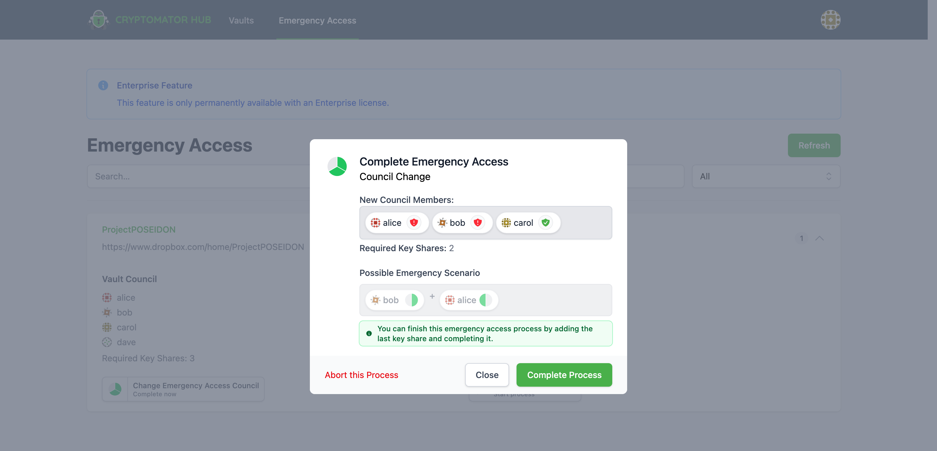 Emergency Access Vault List Complete Dialog