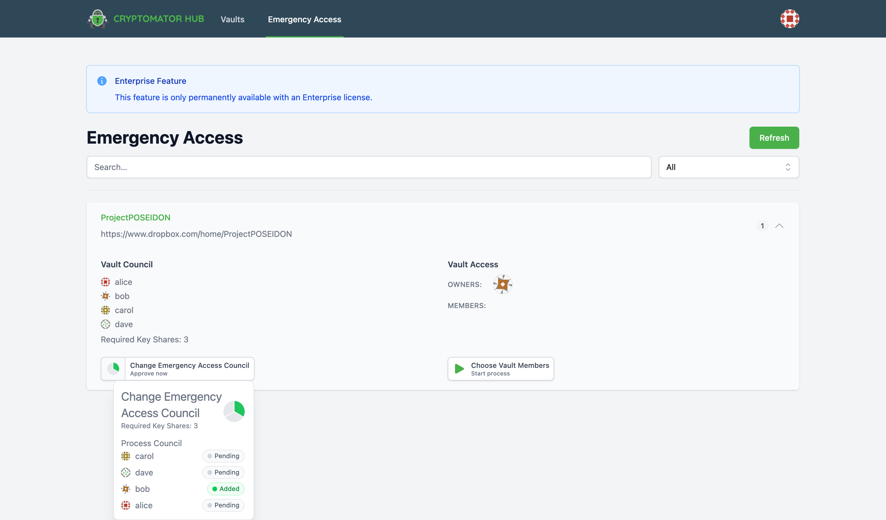 Emergency Access Vault List Hover Process