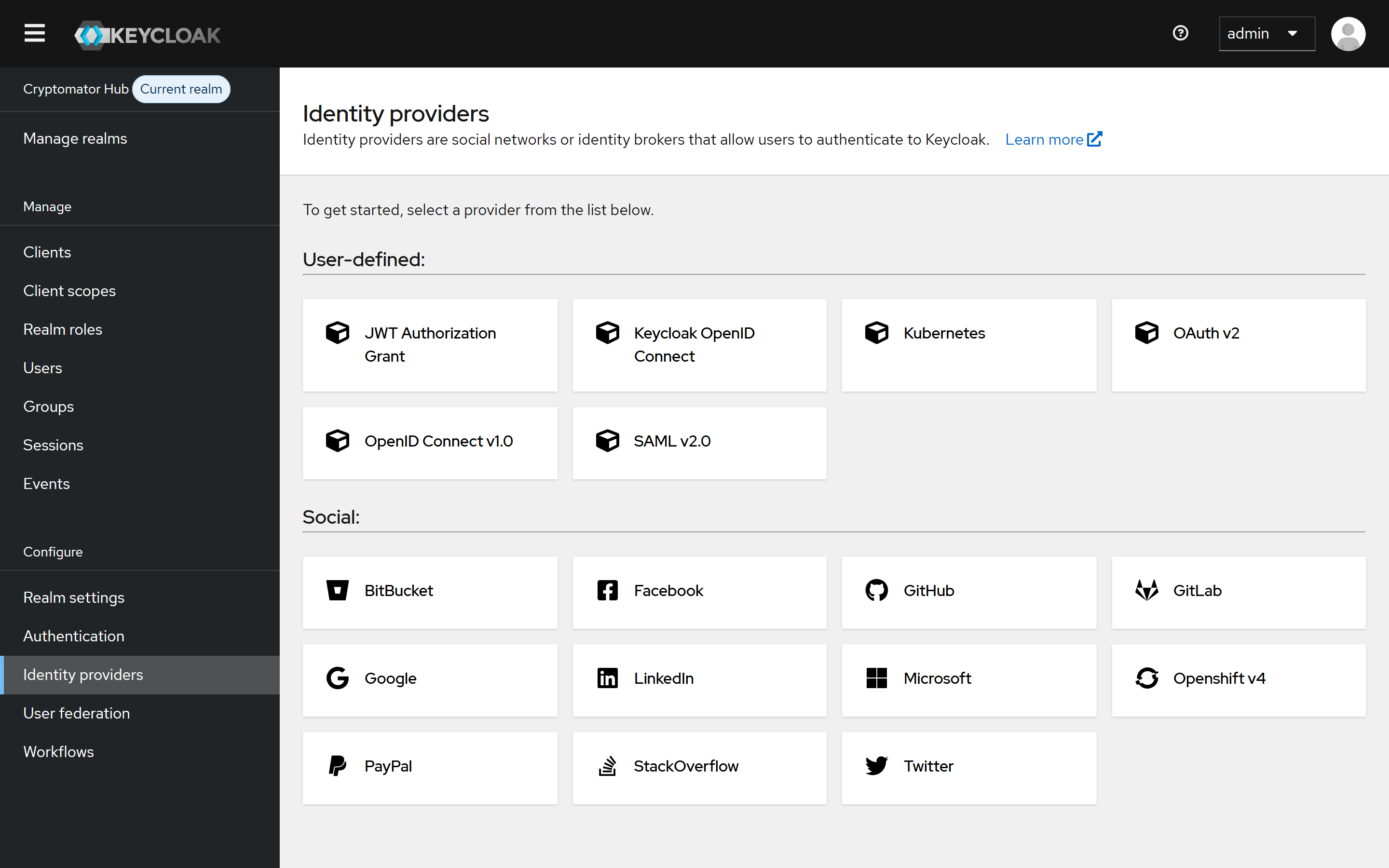 Identity providers in the Keycloak admin console