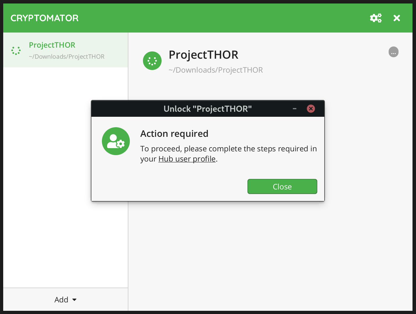 Cryptomator requests to setup your user account