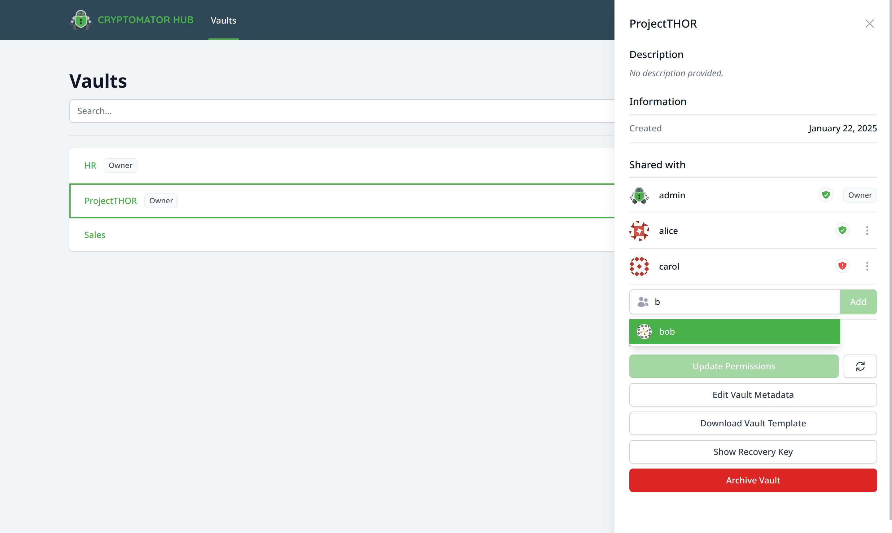 Add a user or group in the vault details