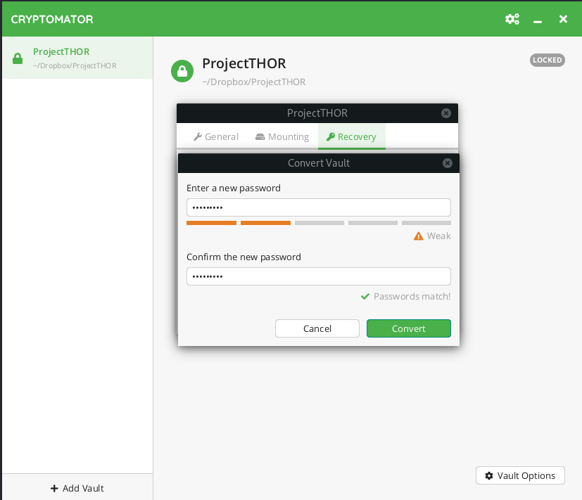 Convert vault enter new password