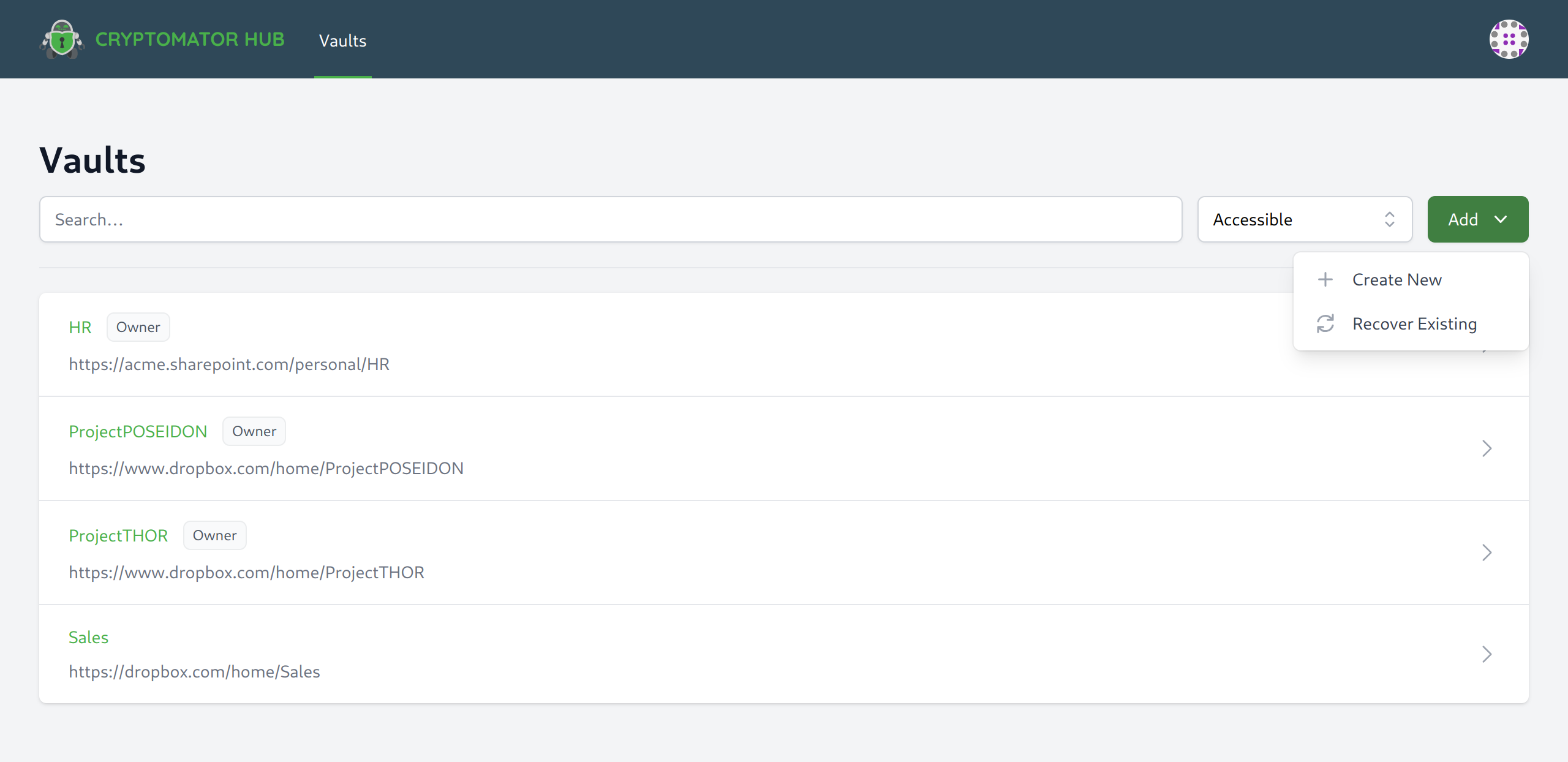 Vault list add drop down