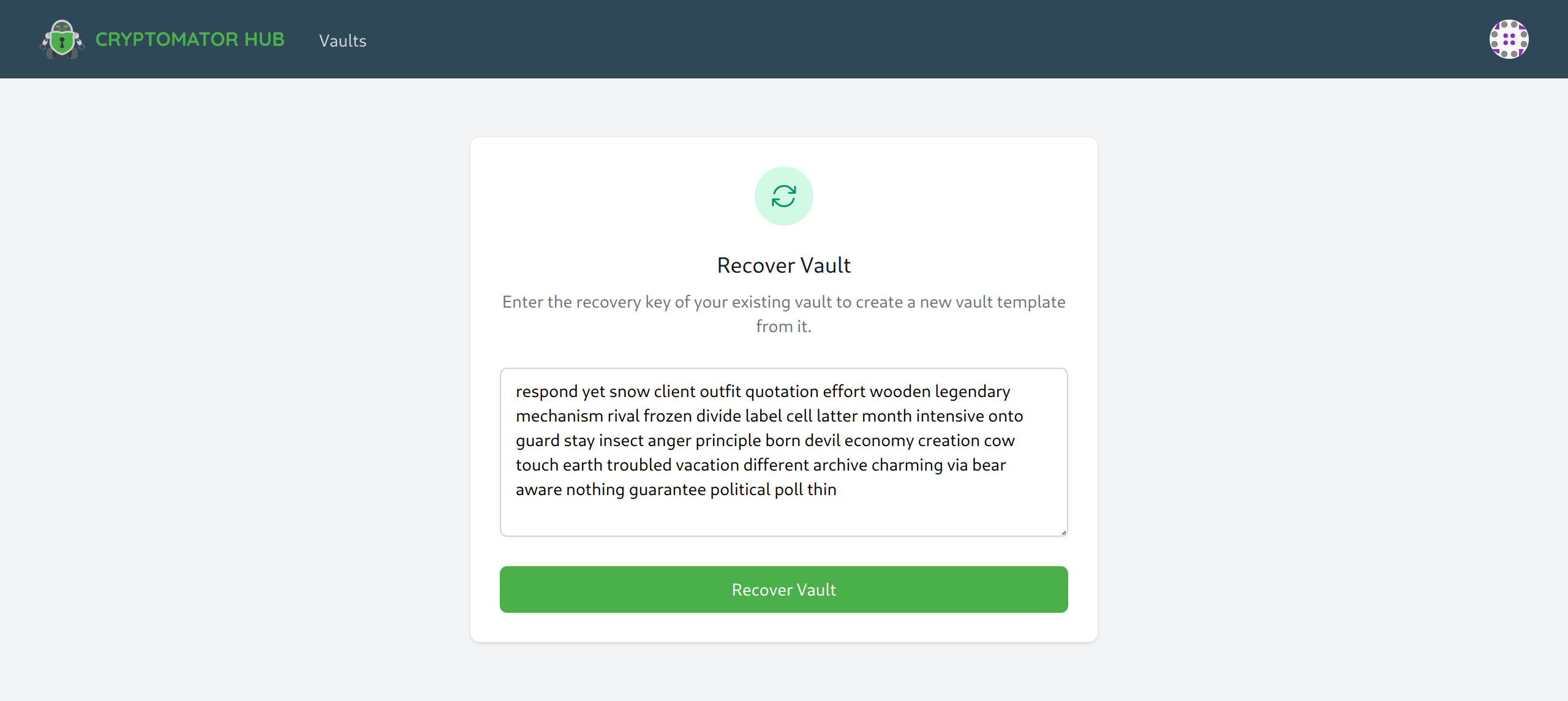 Vault enter recovery key