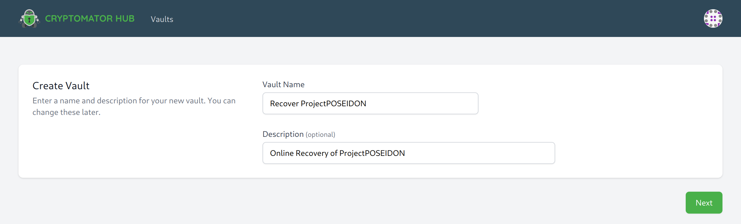 Creating a vault using recovery key